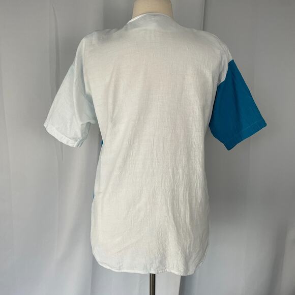 Casual Top Size Medium White Blue Colorblock Contrast Baseball Button Cotton - Picture 7 of 12